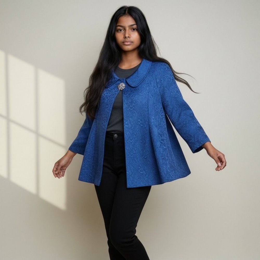 elementz Womens XL Royal Blue Jacquard Brocade Cape Jacket Cropped Swing Blazer